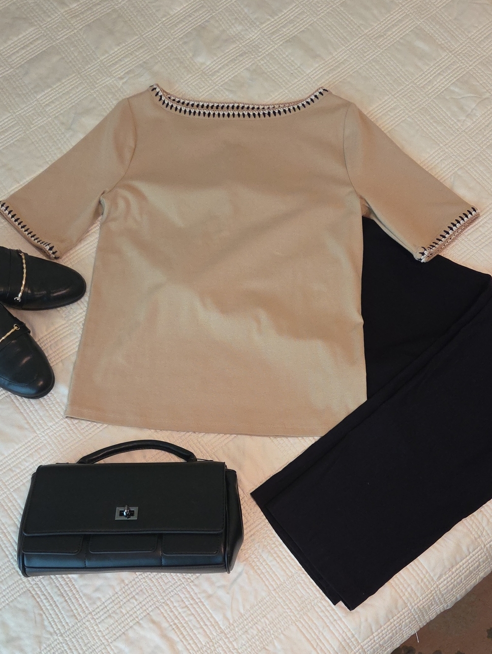 Ann Taylor Camel/Tan Short-Sleeve Top with Black White Trim